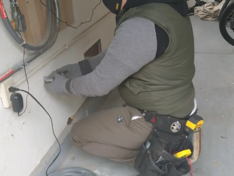 Electrician performing outlet wiring in a Cisco garage